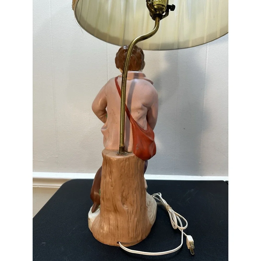 Vintage Taiwan Figural Table Lamp Boy Feeding Dog Watermelon Ceramic 31 Inch Sha